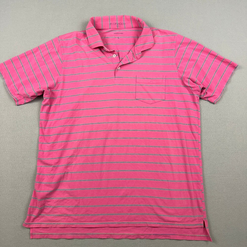 B. Draddy Sport Polo Shirt Men Large Pink Stripe Logo Golf Stretch Golfer L *